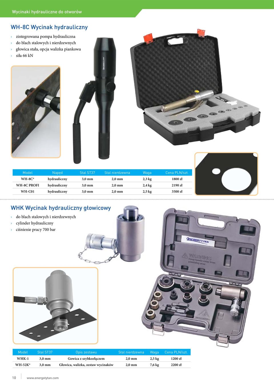 WH-8C* hydrauliczny 3,0 mm 2,0 mm 2,3 kg 1800 zł WH-8C PROFI hydrauliczny 3,0 mm 2,0 mm 2,4 kg 2190 zł WH-C01 hydrauliczny 3,0 mm 2,0 mm 2,5 kg 3500 zł WHK Wycinak hydrauliczny