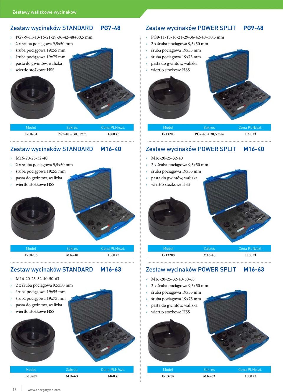 stożkowe HSS wiertło stożkowe HSS E-10204 PG7-48 + 30,5 mm 1880 zł E-13203 PG7-48 + 30,5 mm 1990 zł Zestaw wycinaków STANDARD M16-40 M16-20-25-32-40 2 x śruba pociągowa 9,5x50 mm śruba pociągowa