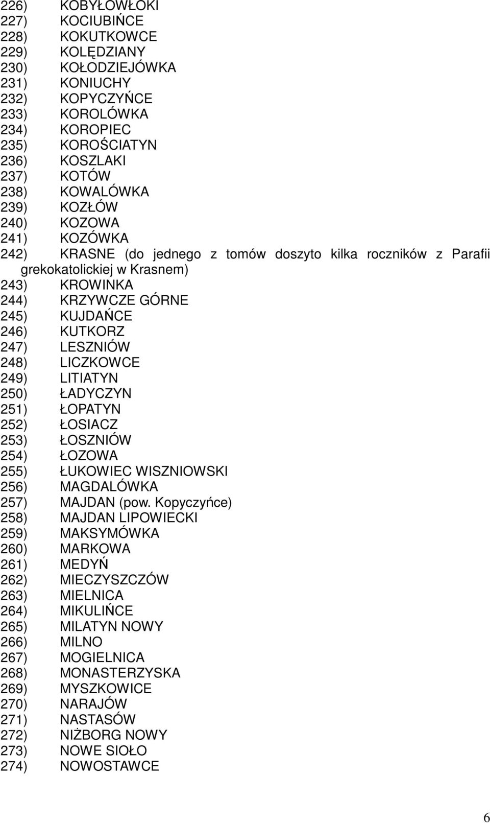 LESZNIÓW 248) LICZKOWCE 249) LITIATYN 250) ŁADYCZYN 251) ŁOPATYN 252) ŁOSIACZ 253) ŁOSZNIÓW 254) ŁOZOWA 255) ŁUKOWIEC WISZNIOWSKI 256) MAGDALÓWKA 257) MAJDAN (pow.