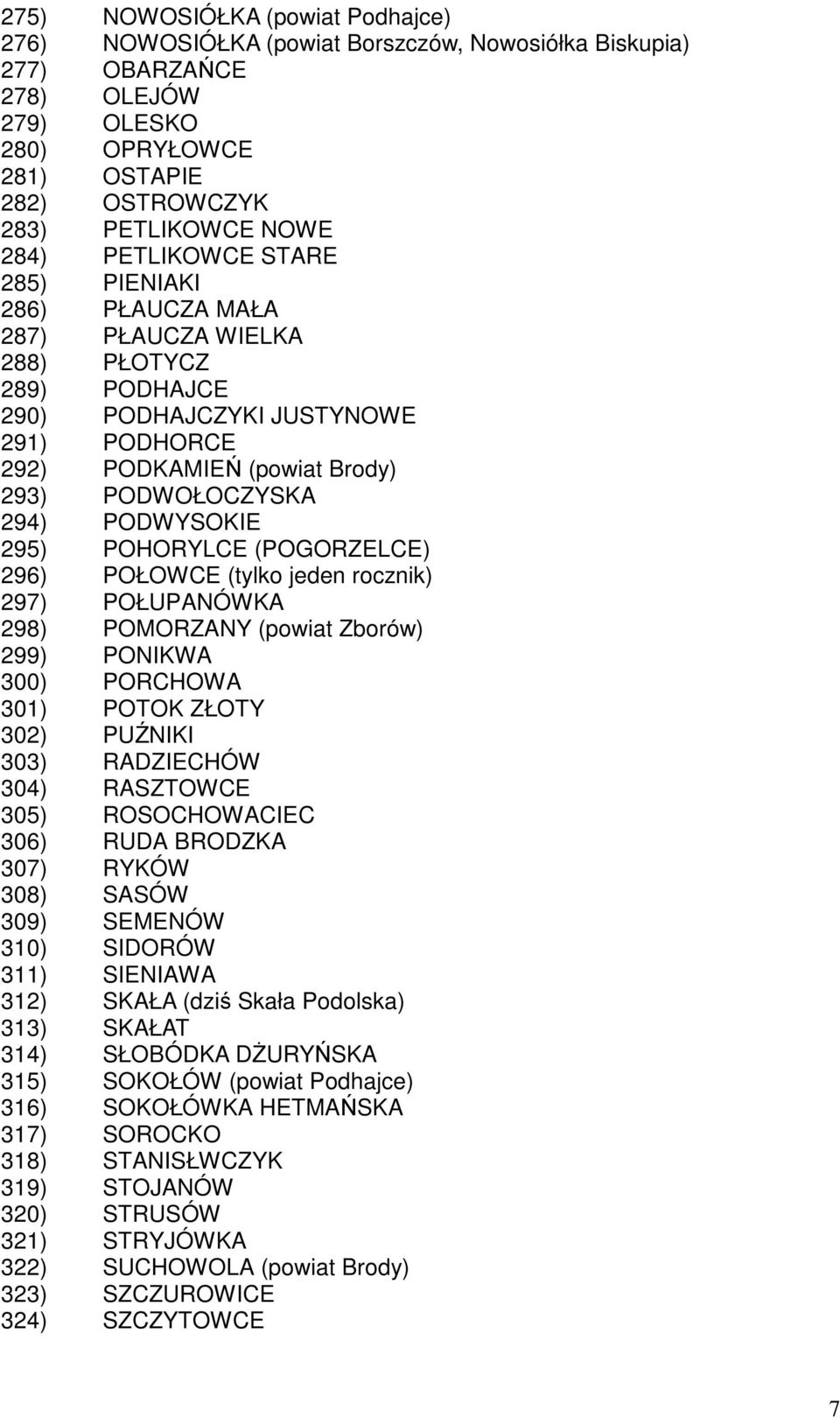 PODWYSOKIE 295) POHORYLCE (POGORZELCE) 296) POŁOWCE (tylko jeden rocznik) 297) POŁUPANÓWKA 298) POMORZANY (powiat Zborów) 299) PONIKWA 300) PORCHOWA 301) POTOK ZŁOTY 302) PUŹNIKI 303) RADZIECHÓW 304)