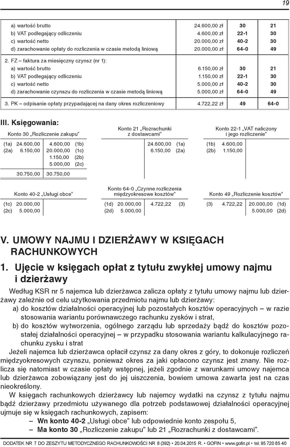 000,00 zł 40-2 30 d) zarachowanie czynszu do rozliczenia w czasie metodą liniową 5.000,00 zł 64-0 49 3. PK odpisanie opłaty przypadającej na dany okres rozliczeniowy 4.722,22 zł 49 64-0 III.