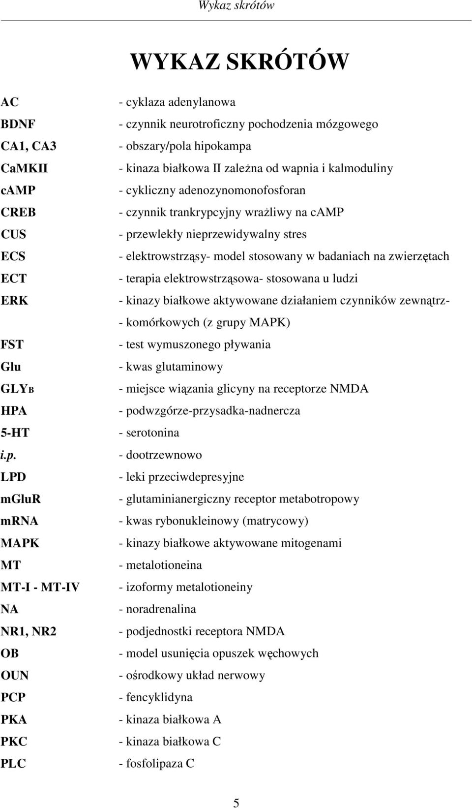 LPD mglur mrna MAPK MT MT-I - MT-IV NA NR1, NR2 OB OUN PCP PKA PKC PLC - cyklaza adenylanowa - czynnik neurotroficzny pochodzenia mózgowego - obszary/pola hipokampa - kinaza białkowa II zależna od