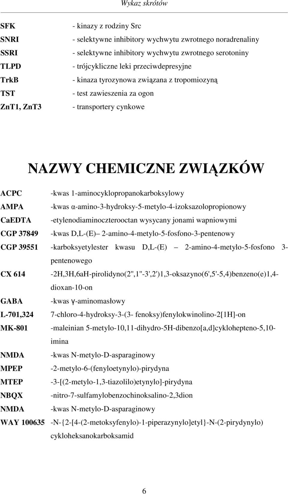 AMPA -kwas α-amino-3-hydroksy-5-metylo-4-izoksazolopropionowy CaEDTA -etylenodiaminoczterooctan wysycany jonami wapniowymi CGP 37849 -kwas D,L-(E) 2-amino-4-metylo-5-fosfono-3-pentenowy CGP 39551