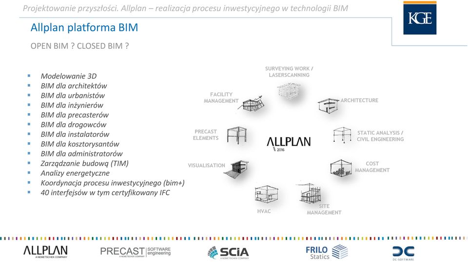 instalatorów BIM dla kosztorysantów BIM dla administratorów Zarządzanie budową (TIM) Analizy energetyczne Koordynacja procesu