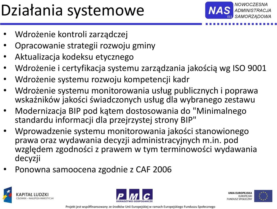 wybranego zestawu Modernizacja BIP pod kątem dostosowania do "Minimalnego standardu informacji dla przejrzystej strony BIP" Wprowadzenie systemu monitorowania jakości