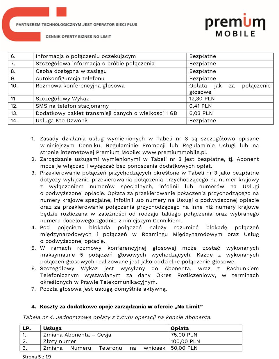 Dodatkowy pakiet transmisji danych o wielkości 1 GB 6,03 PLN 14. Usługa Kto Dzwonił Bezpłatne 1.