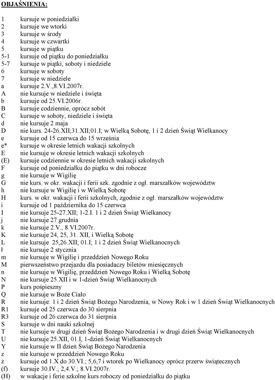 B kursuje codziennie, oprócz sobót C kursuje w soboty, niedziele i święta d nie kursuje 2 maja D nie kurs. 24-26.XII;31.XII;01.