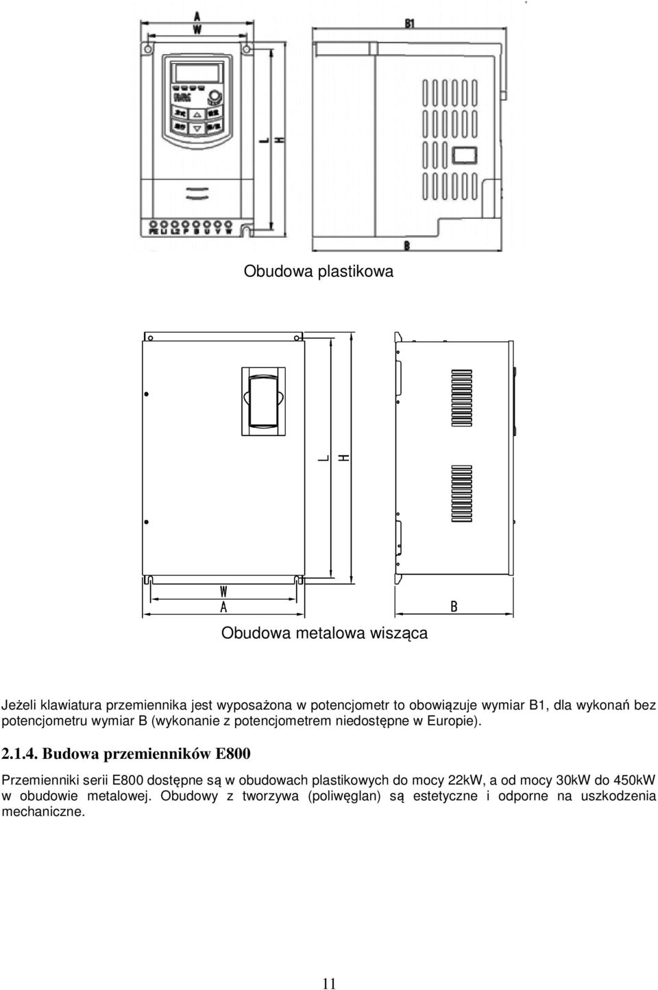 1.4. Budowa przemienników E800 Przemienniki serii E800 dostępne są w obudowach plastikowych do mocy 22kW, a od mocy