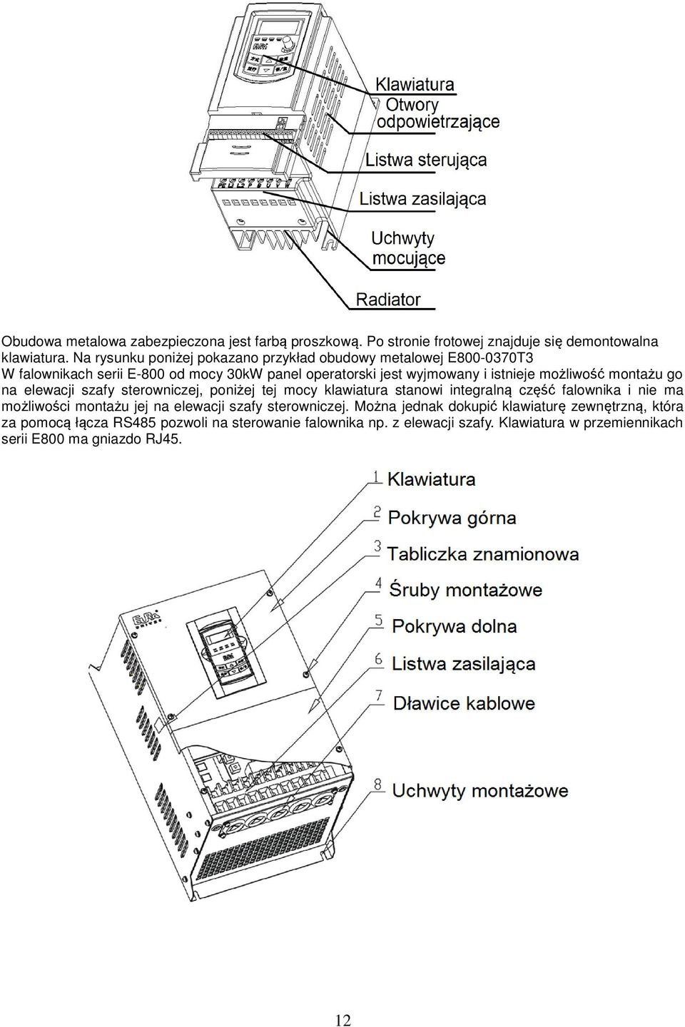 możliwość montażu go na elewacji szafy sterowniczej, poniżej tej mocy klawiatura stanowi integralną część falownika i nie ma możliwości montażu jej na