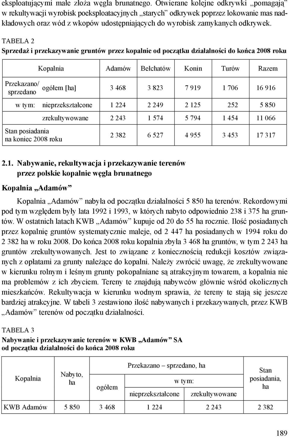 TABELA 2 Sprzedaż i przekazywanie gruntów przez kopalnie od początku działalności do końca 2008 roku Przekazano/ sprzedano Kopalnia Adamów Bełchatów Konin Turów Razem ogółem [ha] 3 468 3 823 7 919 1