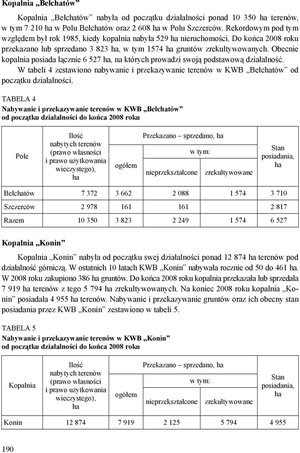 Obecnie kopalnia posiada łącznie 6 527 ha, na których prowadzi swoją podstawową działalność. W tabeli 4 zestawiono nabywanie i przekazywanie terenów w KWB Bełchatów od początku działalności.