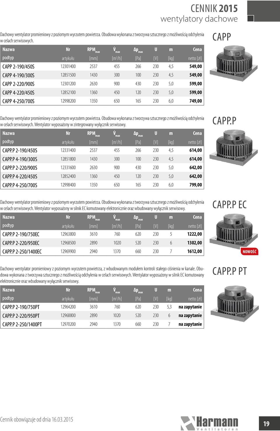 230 5,0 599,00 CAPP 4-250/700S 12998200 1350 650 165 230 6,0 749,00 Dachowy wentylator promieniowy z poziomym wyrzutem powietrza.