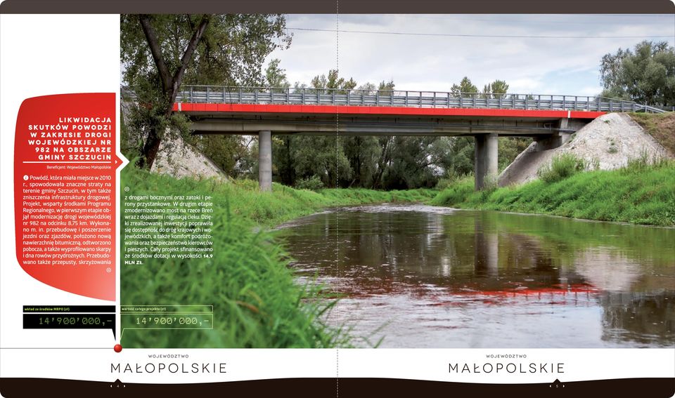 Projekt, wsparty środkami Programu Regionalnego, w pierwszym etapie objął modernizację drogi wojewódzkiej nr 982 na odcinku 8,75 km. Wykonano m. in.