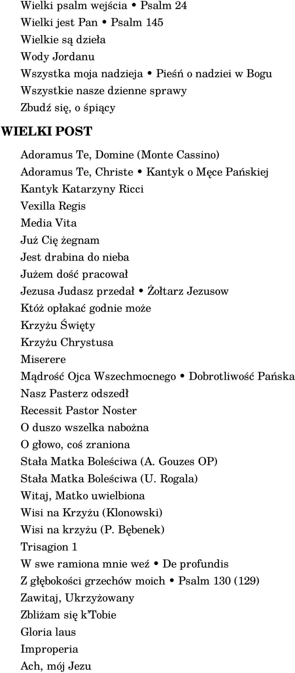 przedał Żołtarz Jezusow Któż opłakać godnie może Krzyżu Święty Krzyżu Chrystusa Miserere Mądrość Ojca Wszechmocnego Dobrotliwość Pańska Nasz Pasterz odszedł Recessit Pastor Noster O duszo wszelka
