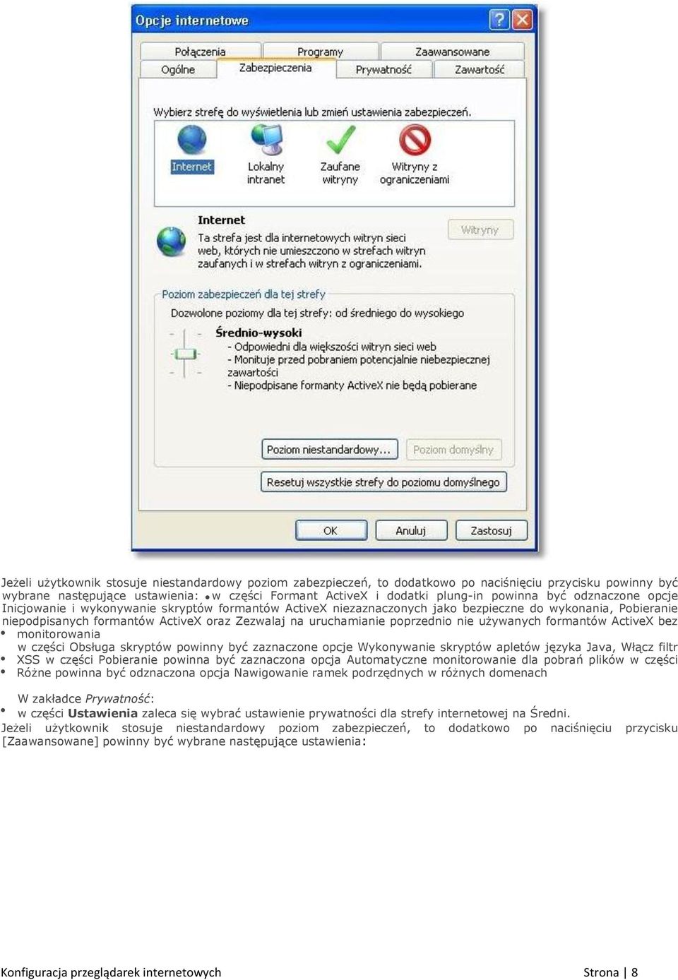 poprzednio nie używanych formantów ActiveX bez monitorowania w części Obsługa skryptów powinny być zaznaczone opcje Wykonywanie skryptów apletów języka Java, Włącz filtr XSS w części Pobieranie