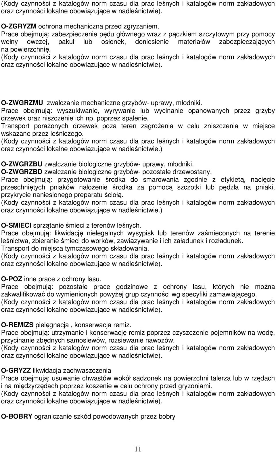 O-ZWGRZMU zwalczanie mechaniczne grzybów- uprawy, młodniki. Prace obejmują: wyszukiwanie, wyrywanie lub wycinanie opanowanych przez grzyby drzewek oraz niszczenie ich np. poprzez spalenie.