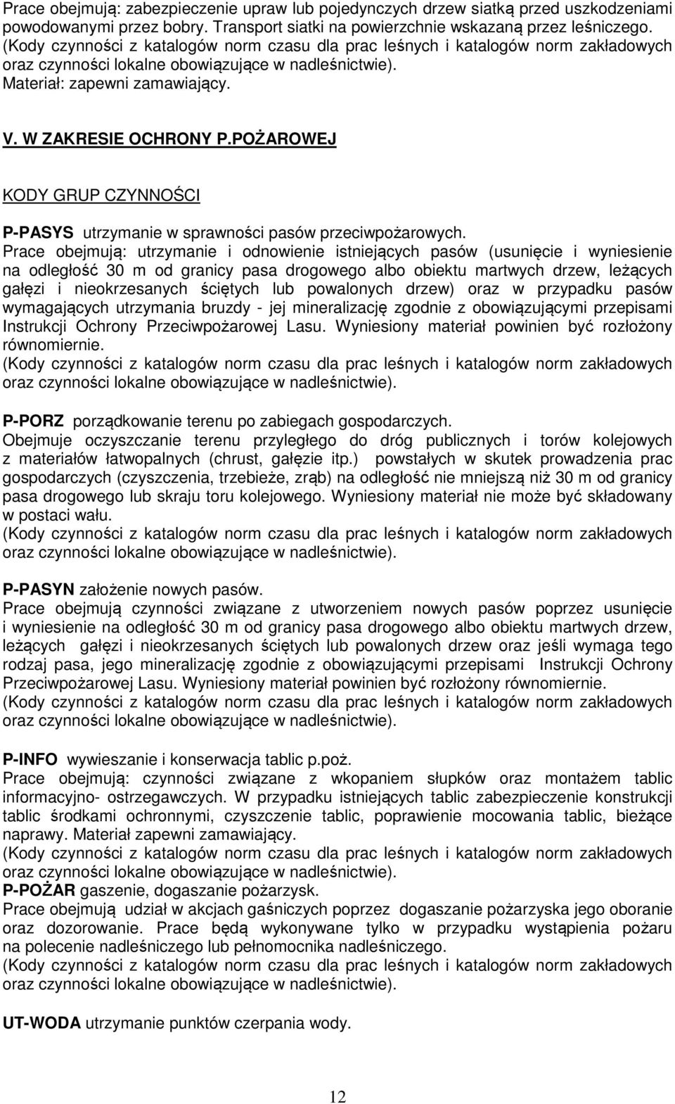 Prace obejmują: utrzymanie i odnowienie istniejących pasów (usunięcie i wyniesienie na odległość 30 m od granicy pasa drogowego albo obiektu martwych drzew, leżących gałęzi i nieokrzesanych ściętych