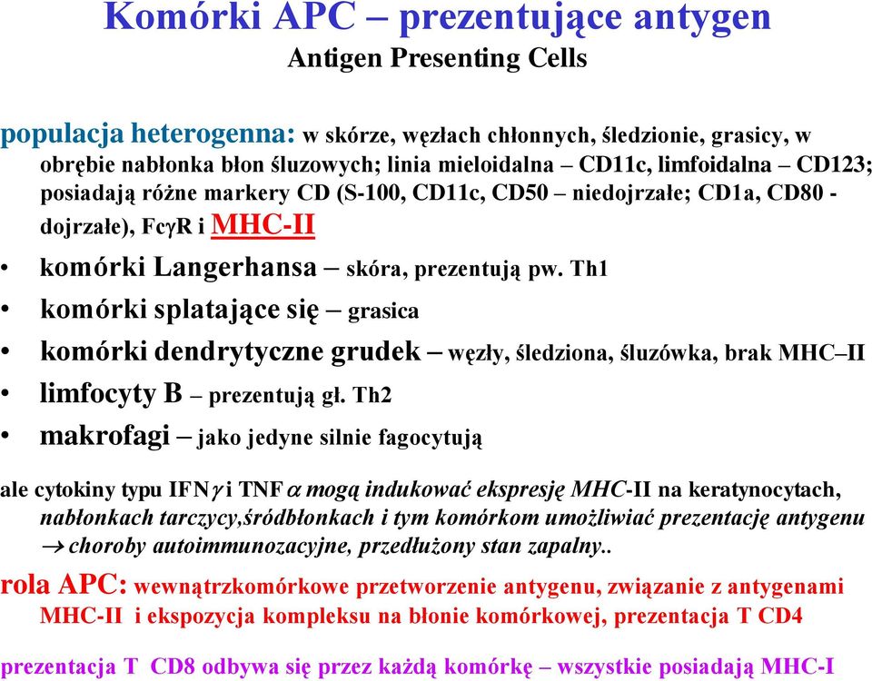 Th1 komórki splatające się grasica komórki dendrytyczne grudek węzły, śledziona, śluzówka, brak MHC II limfocyty B prezentują gł.