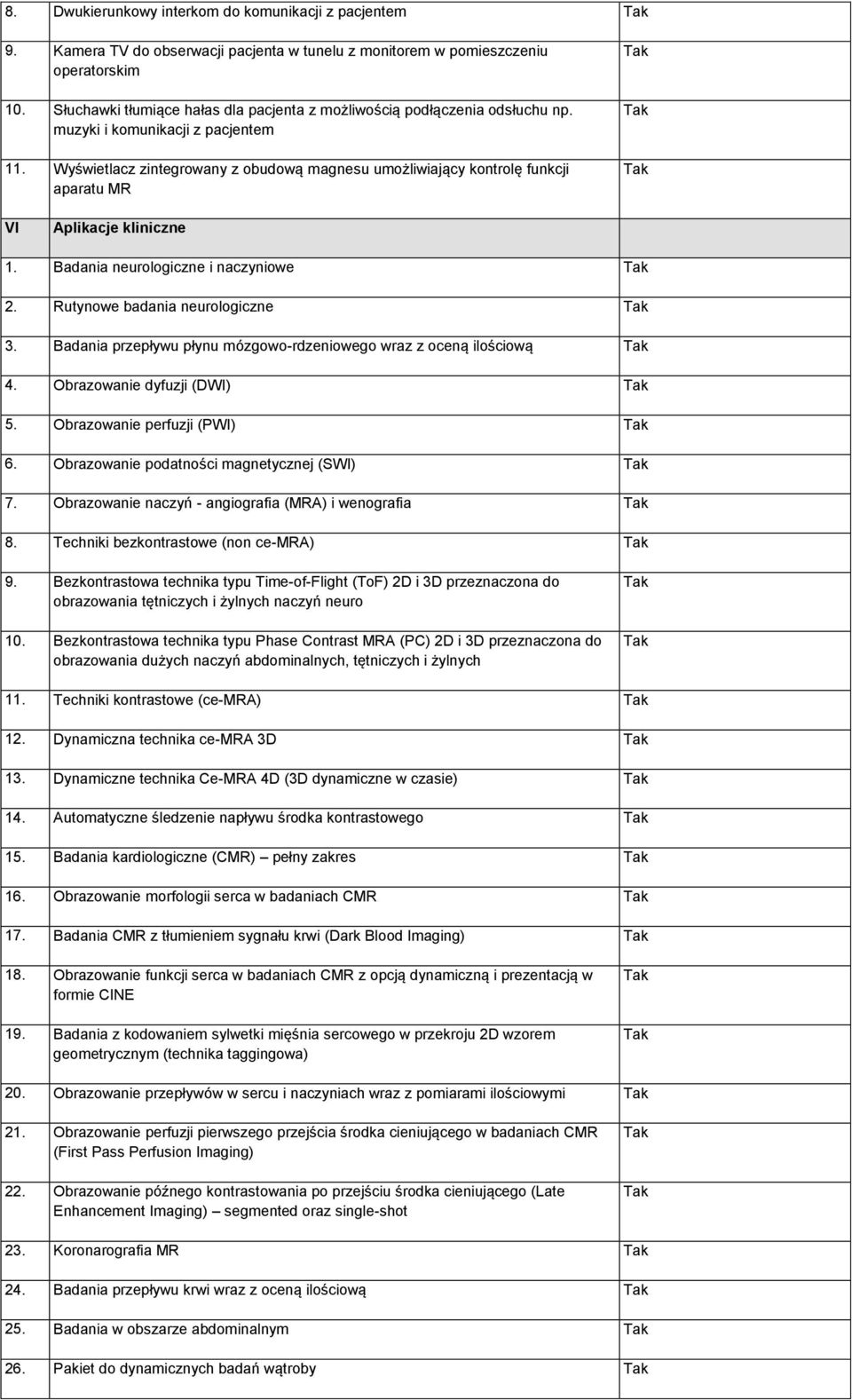 Wyświetlacz zintegrowany z obudową magnesu umożliwiający kontrolę funkcji aparatu MR VI Aplikacje kliniczne 1. Badania neurologiczne i naczyniowe 2. Rutynowe badania neurologiczne 3.