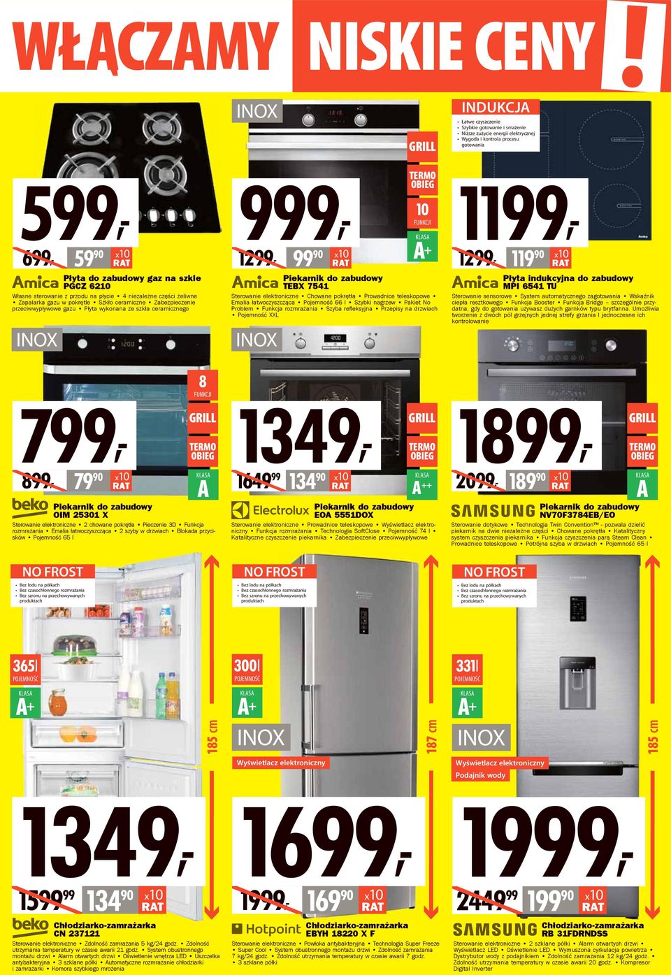 Piekarnik do zabudowy TEBX 7541 Sterowanie elektroniczne Chowane pokrętła Prowadnice teleskopowe Emalia łatwoczyszcząca Pojemność 66 l Szybki nagrzew Pakiet No Problem Funkcja rozmrażania Szyba refl