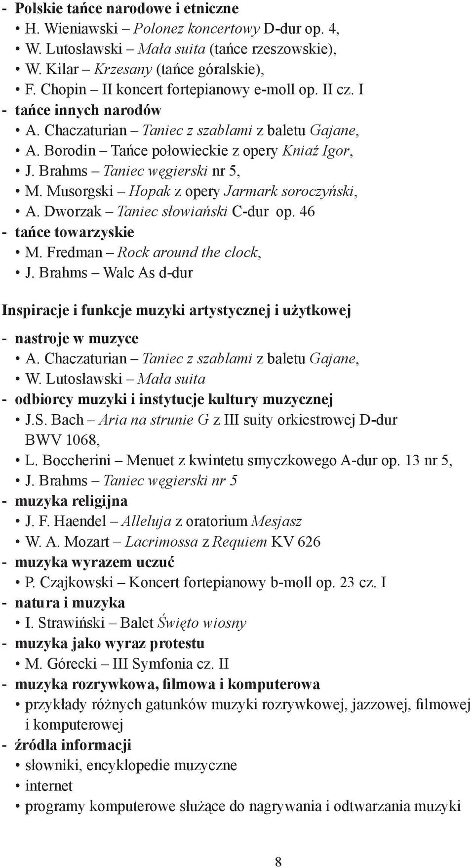 Brahms Taniec węgierski nr 5, M. Musorgski Hopak z opery Jarmark soroczyński, A. Dworzak Taniec słowiański C-dur op. 46 - tańce towarzyskie M. Fredman Rock around the clock, J.