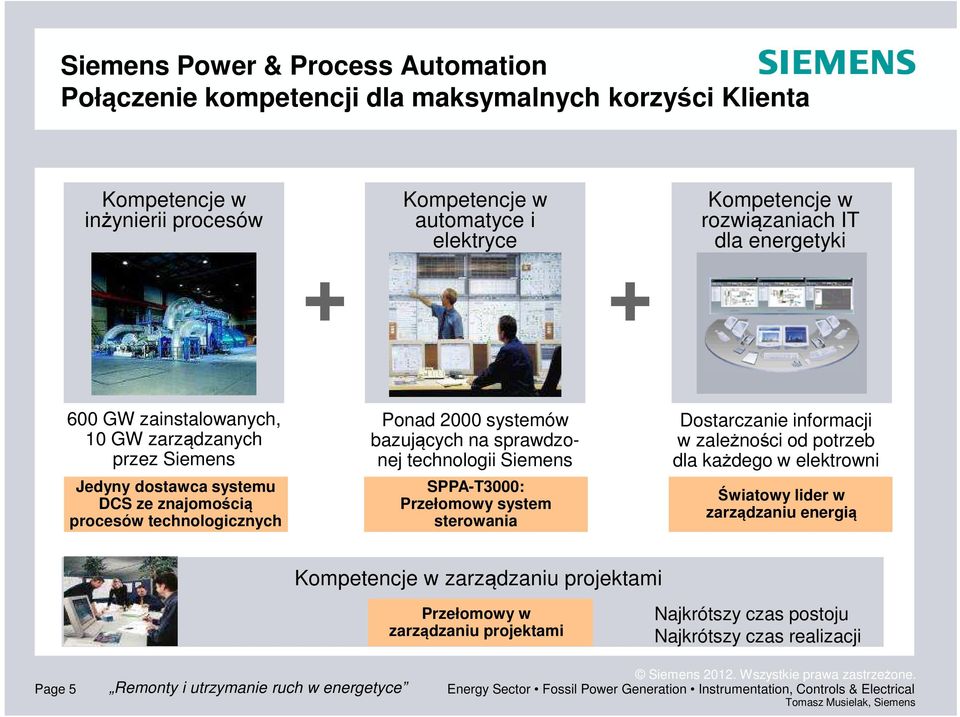Siemens SPPA-T3000: Przełomowy system sterowania Dostarczanie informacji w zależności od potrzeb dla każdego w elektrowni Światowy lider w zarządzaniu energią Kompetencje w zarządzaniu projektami