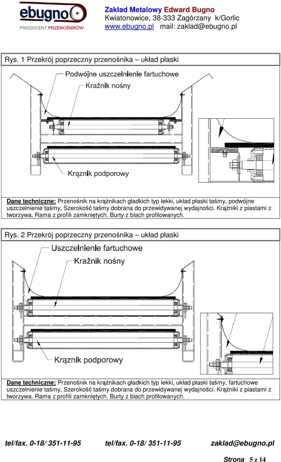 2 Przekrój poprzeczny przenośnika układ płaski Dane techniczne: Przenośnik na krąŝnikach gładkich typ lekki, układ płaski taśmy, fartuchowe uszczelnienie