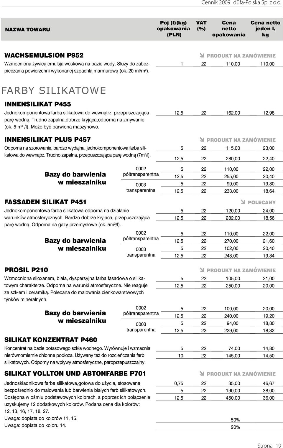 Może być barwiona maszynowo. INNENSILIKAT PLUS P457 Odporna na szorowanie, bardzo wydajna, jednokomponentowa farba silikatowa do wewnątrz. Trudno zapalna, przepuszczająca parę wodną (7m 2 /l).