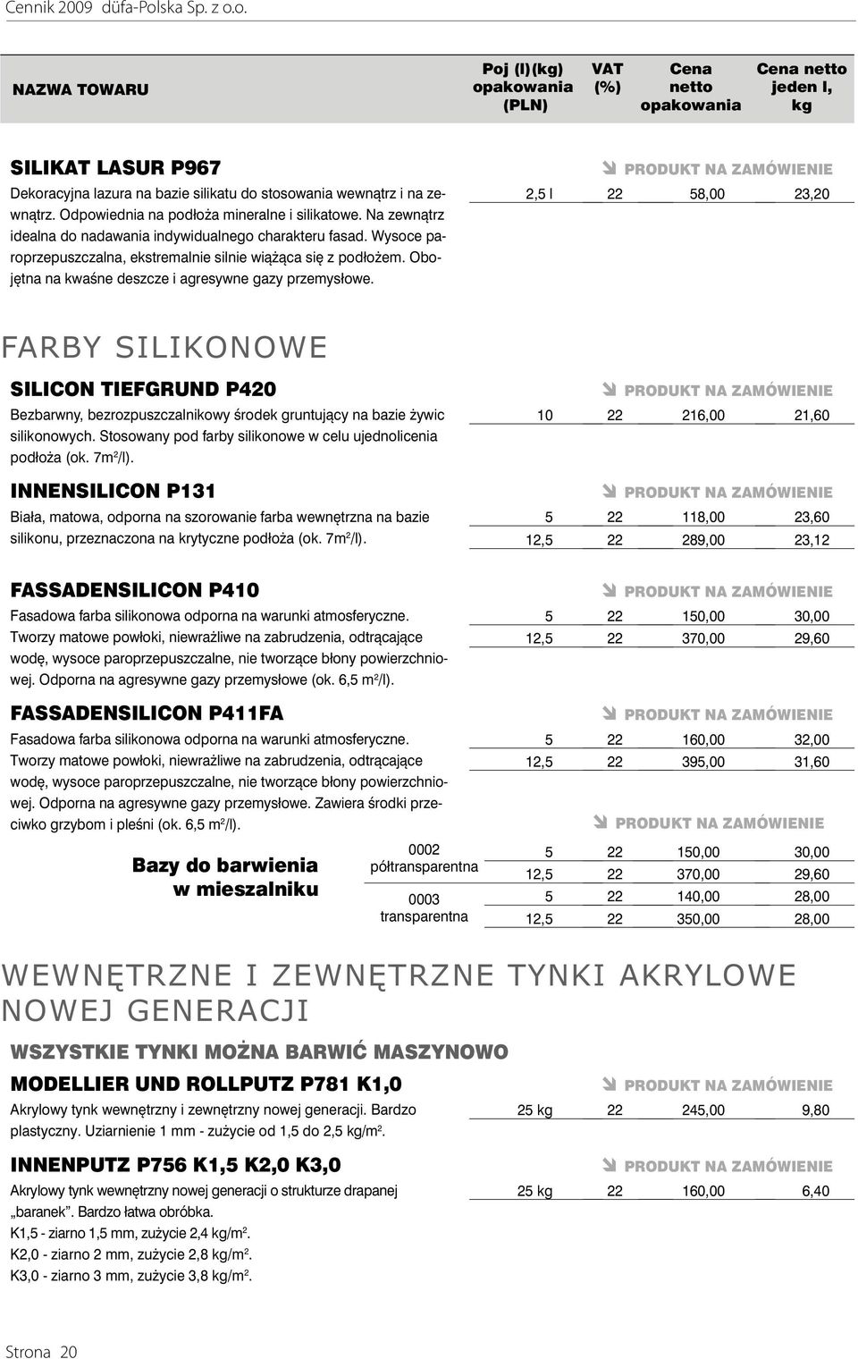 2,5 l 22 58,00 23,20 FARBY SILIKONOWE SILICON TIEFGRUND P420 Bezbarwny, bezrozpuszczalnikowy środek gruntujący na bazie żywic silikonowych.