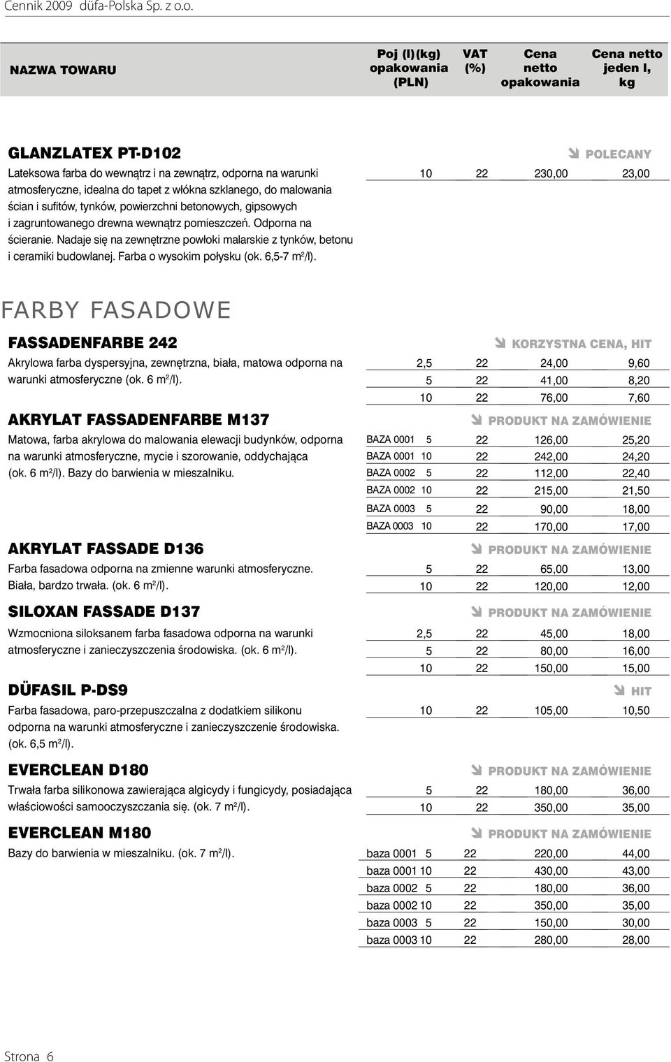 6,5-7 m 2 /l). POLECANY 10 22 230,00 23,00 FARBY FASADOWE FASSADENFARBE 242 Akrylowa farba dyspersyjna, zewnętrzna, biała, matowa odporna na warunki atmosferyczne (ok. 6 m 2 /l).