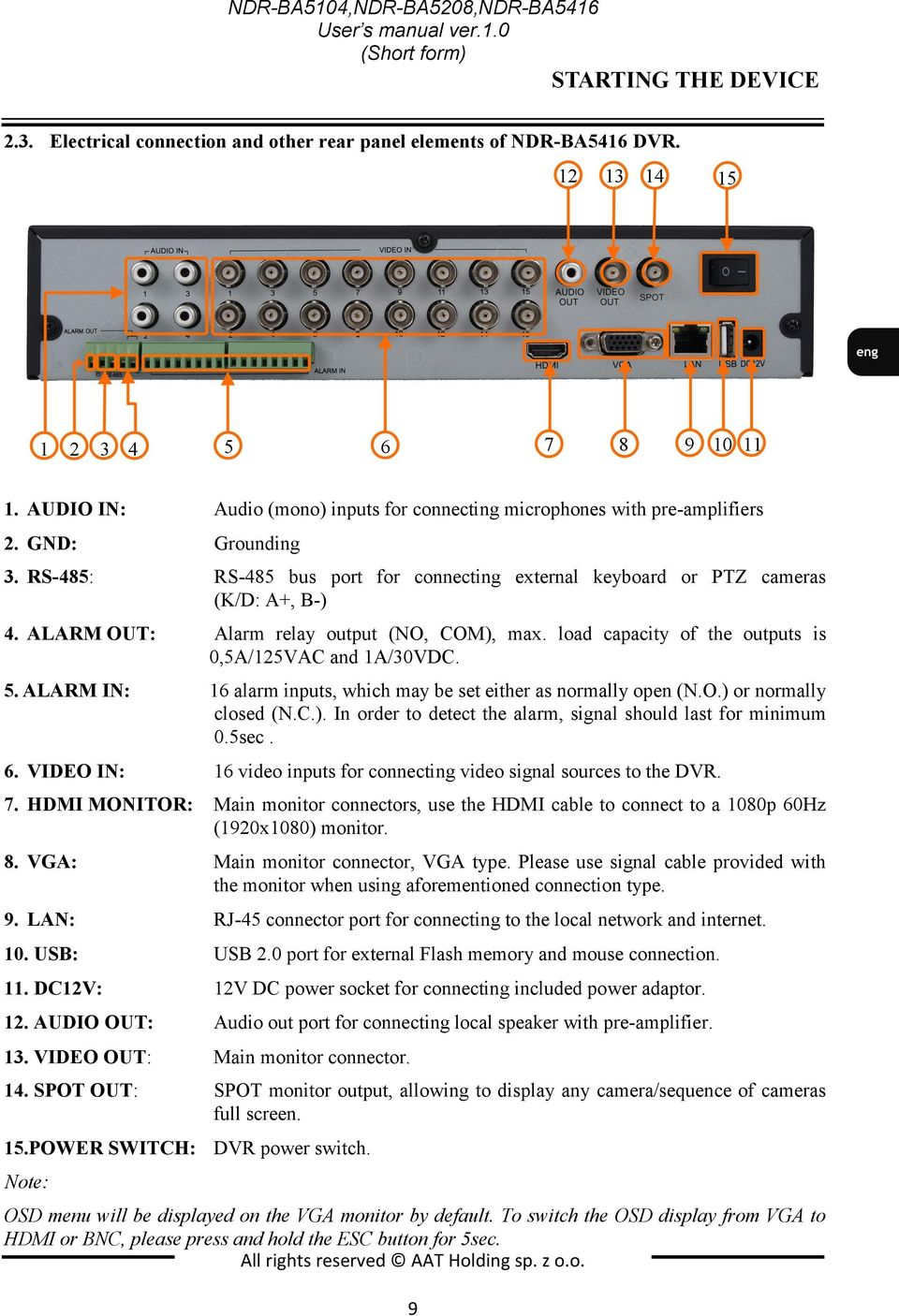 RS-485: RS-485 bus port for connecting external keyboard or PTZ cameras (K/D: A+, B-) 4. ALARM OUT: Alarm relay output (NO, COM), max. load capacity of the outputs is 0,5A/125VAC and 1A/30VDC. 5.