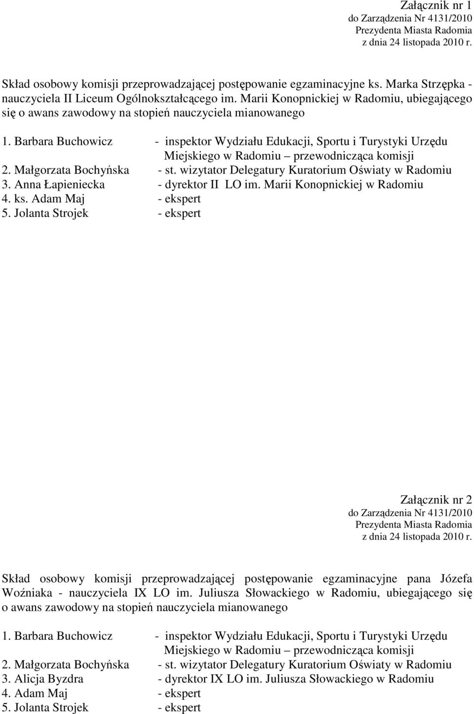 Małgorzata Bochyńska - st. wizytator Delegatury Kuratorium Oświaty w Radomiu 3. Anna Łapieniecka - dyrektor II LO im. Marii Konopnickiej w Radomiu 4. ks. Adam Maj - ekspert 5.
