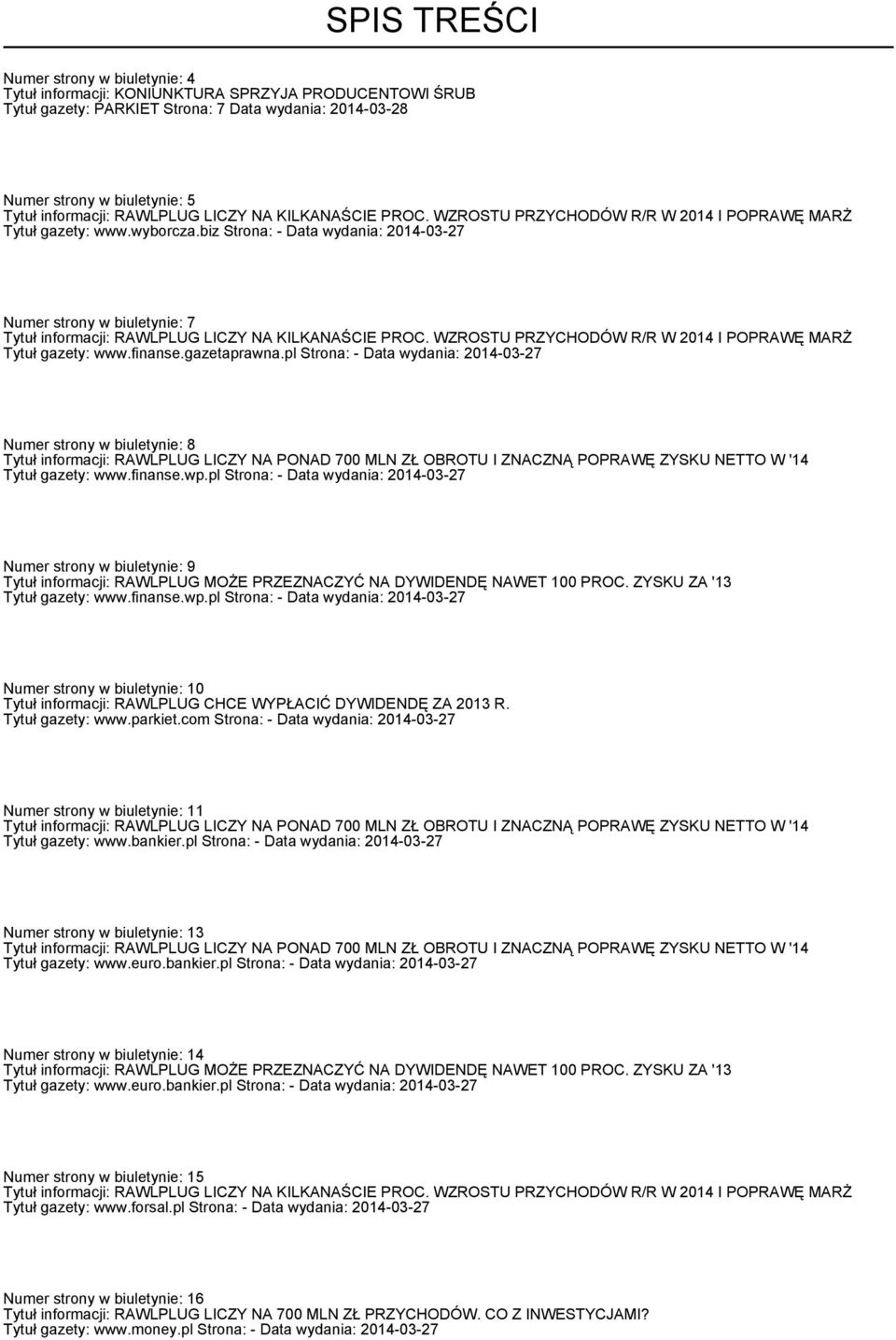 biz Strona: - Data wydania: Numer strony w biuletynie: 7 Tytu³ informacji: RAWLPLUG LICZY NA KILKANA CIE PROC. WZROSTU PRZYCHODÓW R/R W 2014 I POPRAWÊ MAR Tytu³ gazety: www.finanse.gazetaprawna.