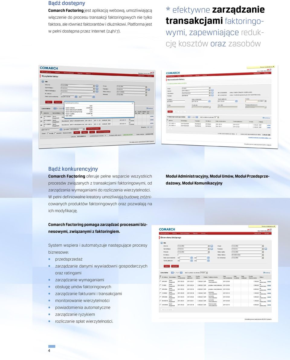 * efektywne zarządzanie transakcjami faktoringowymi, zapewniające redukcję kosztów oraz zasobów Bądź konkurencyjny Comarch Factoring oferuje pełne wsparcie wszystkich procesów związanych z
