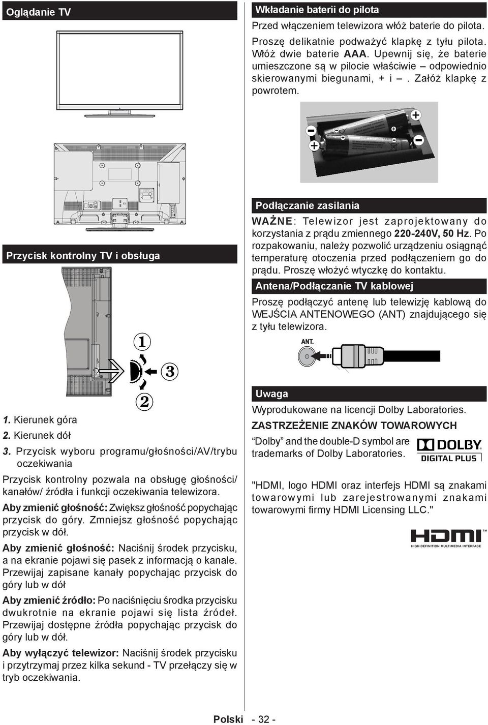 Przycisk kontrolny TV i obsługa Podłączanie zasilania WAŻNE: Telewizor jest zaprojektowany do korzystania z prądu zmiennego 220-240V, 50 Hz.