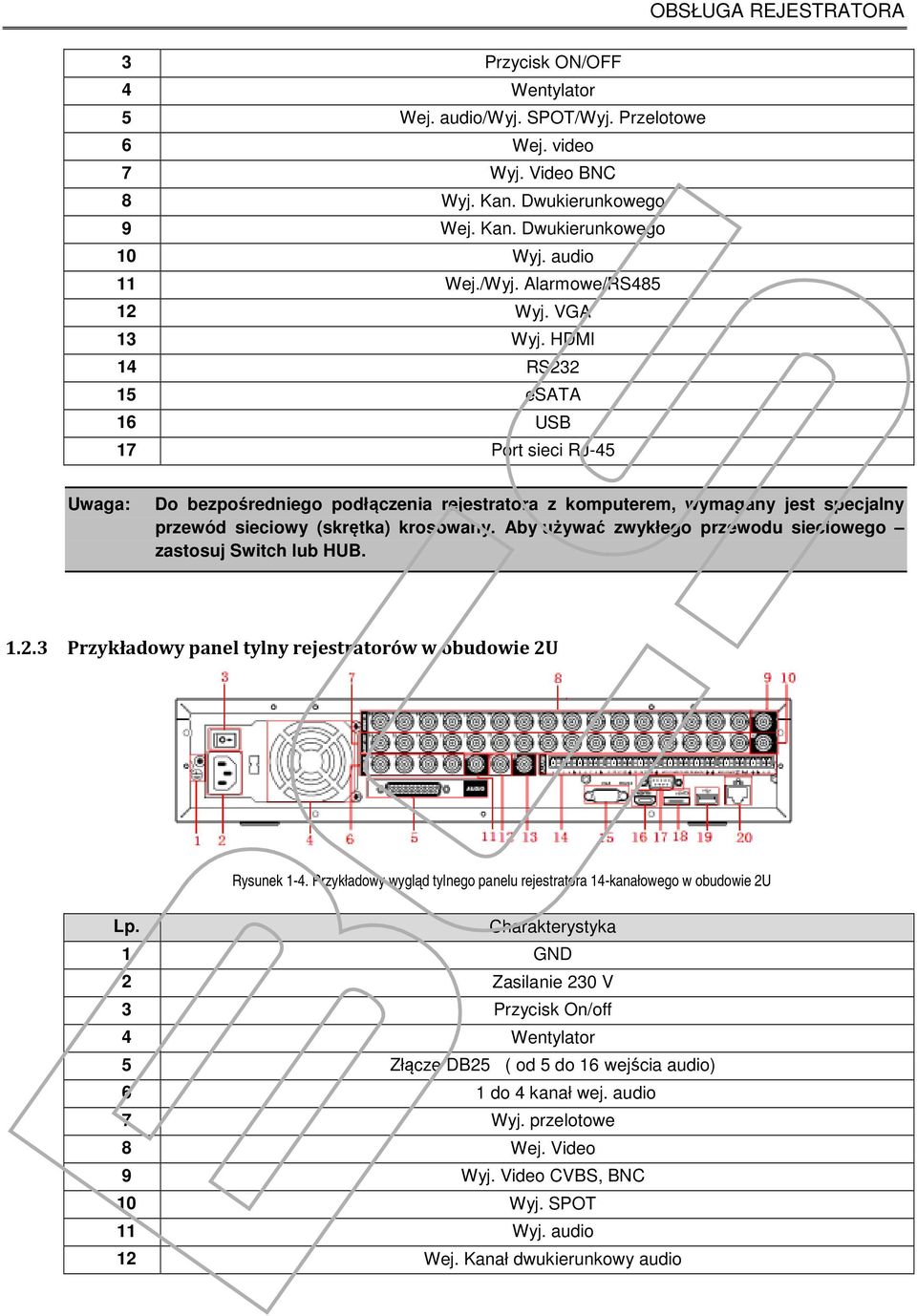 HDMI 14 RS232 15 esata 16 USB 17 Port sieci RJ-45 Uwaga: Do bezpośredniego podłączenia rejestratora z komputerem, wymagany jest specjalny przewód sieciowy (skrętka) krosowany.