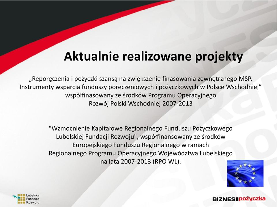 Rozwój Polski Wschodniej 2007-2013 "Wzmocnienie Kapitałowe Regionalnego Funduszu Pożyczkowego Lubelskiej Fundacji Rozwoju",