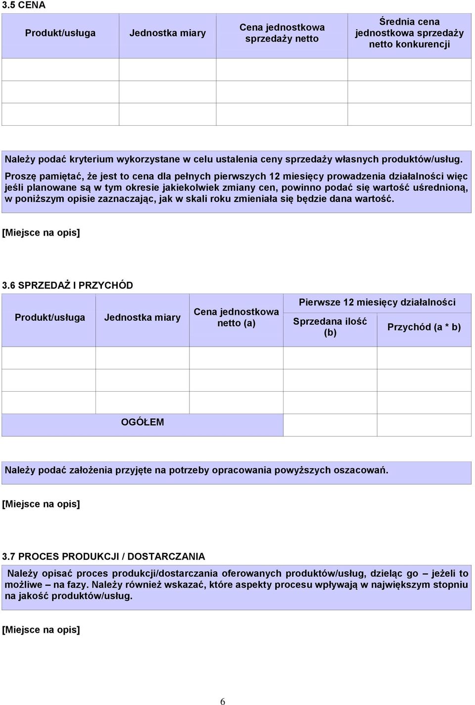 Proszę pamiętać, że jest to cena dla pełnych pierwszych 12 miesięcy prowadzenia działalności więc jeśli planowane są w tym okresie jakiekolwiek zmiany cen, powinno podać się wartość uśrednioną, w