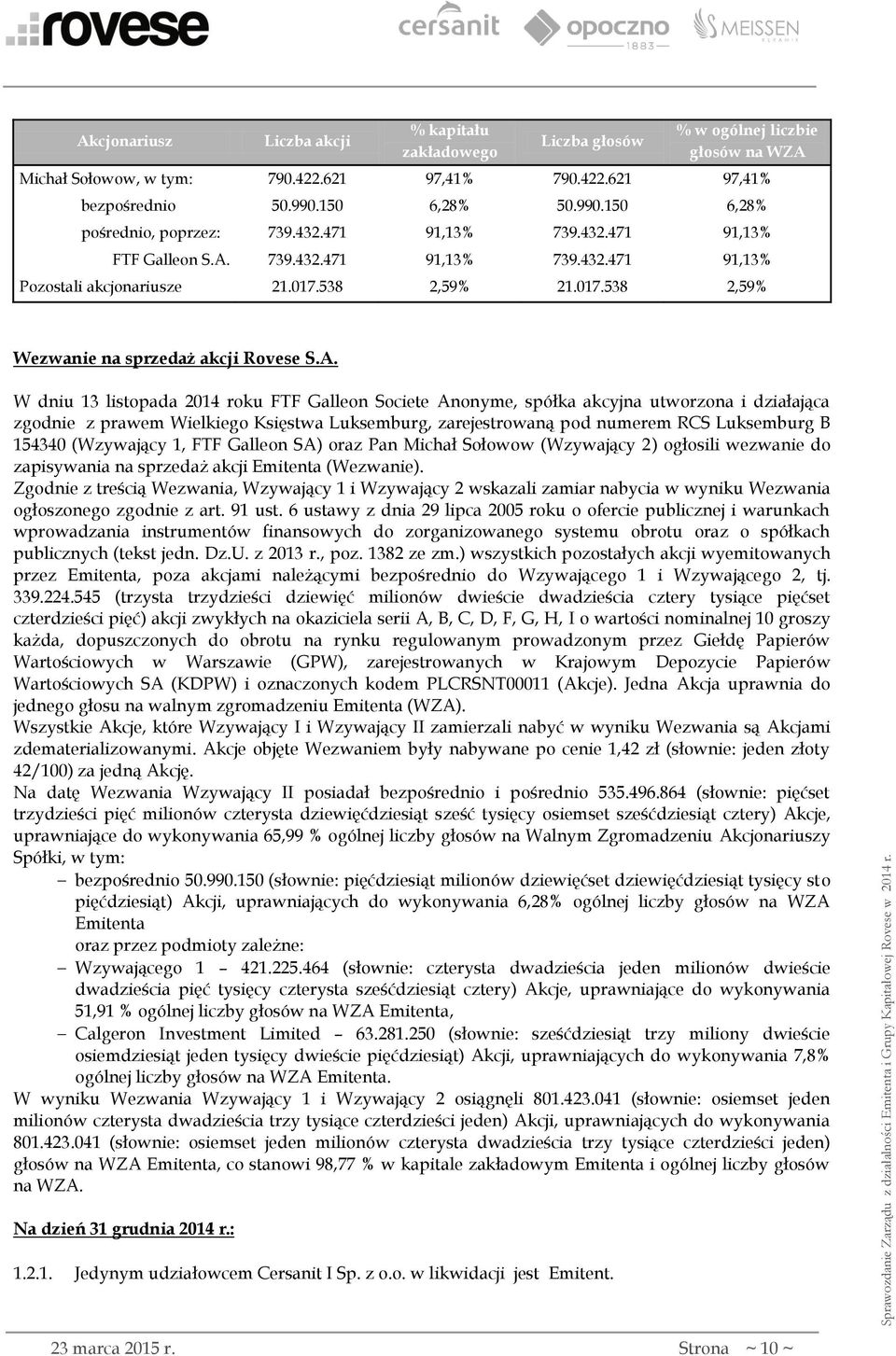 538 2,59% 21.017.538 2,59% Wezwanie na sprzedaż akcji Rovese S.A.