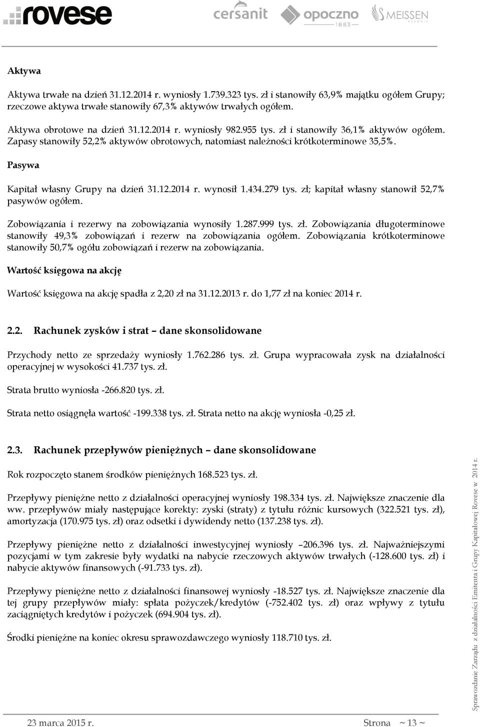 Pasywa Kapitał własny Grupy na dzień 31.12.2014 r. wynosił 1.434.279 tys. zł; kapitał własny stanowił 52,7% pasywów ogółem. Zobowiązania i rezerwy na zobowiązania wynosiły 1.287.999 tys. zł. Zobowiązania długoterminowe stanowiły 49,3% zobowiązań i rezerw na zobowiązania ogółem.