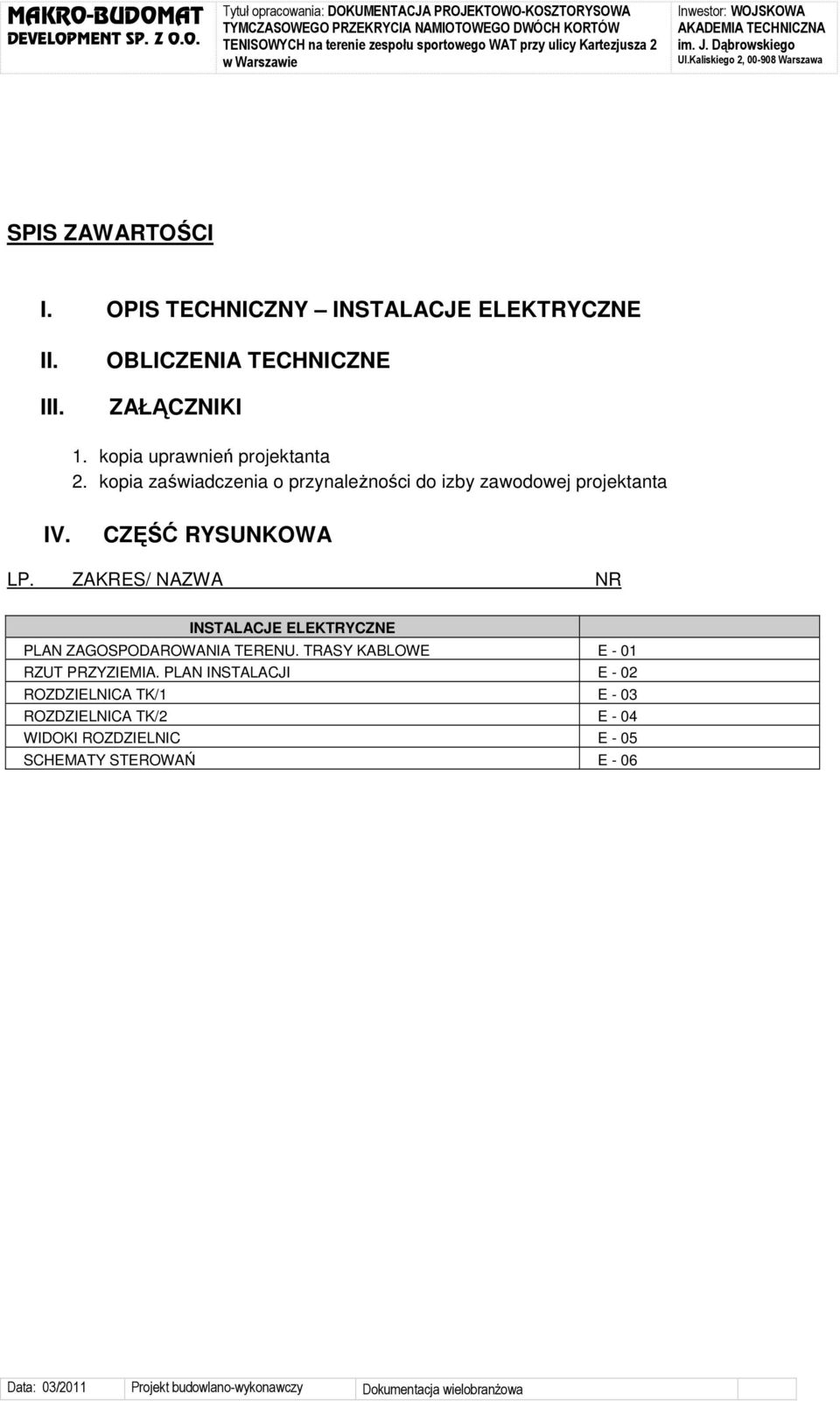 CZĘŚĆ RYSUNKOWA LP. ZAKRES/ NAZWA NR INSTALACJE ELEKTRYCZNE PLAN ZAGOSPODAROWANIA TERENU.