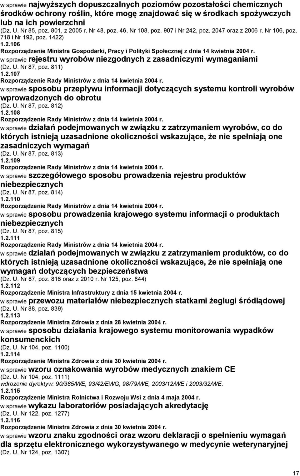 w sprawie rejestru wyrobów niezgodnych z zasadniczymi wymaganiami (Dz. U. Nr 87, poz. 811) 1.2.107 Rozporządzenie Rady Ministrów z dnia 14 kwietnia 2004 r.