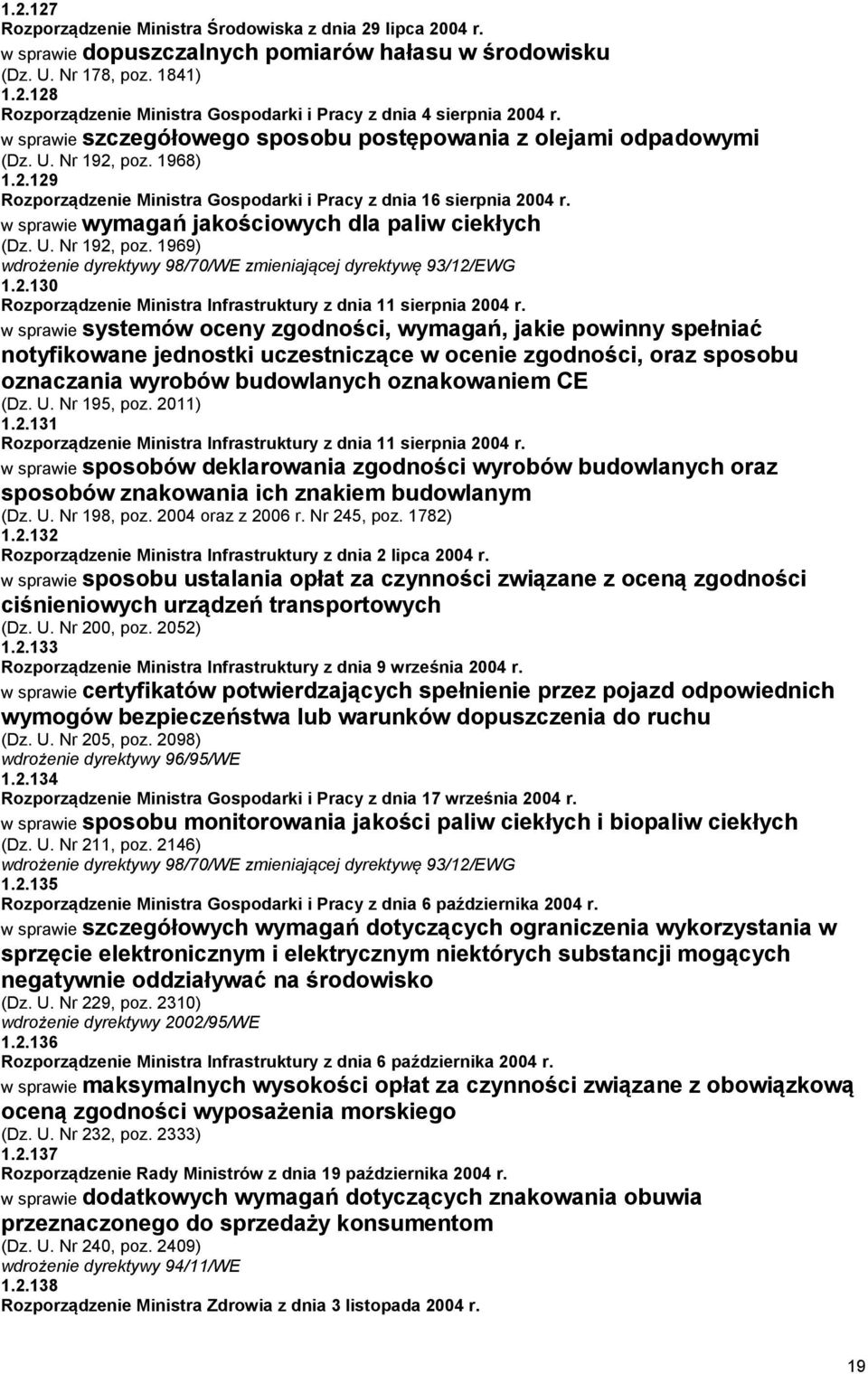 w sprawie wymagań jakościowych dla paliw ciekłych (Dz. U. Nr 192, poz. 1969) wdrożenie dyrektywy 98/70/WE zmieniającej dyrektywę 93/12/EWG 1.2.130 Rozporządzenie Ministra Infrastruktury z dnia 11 sierpnia 2004 r.