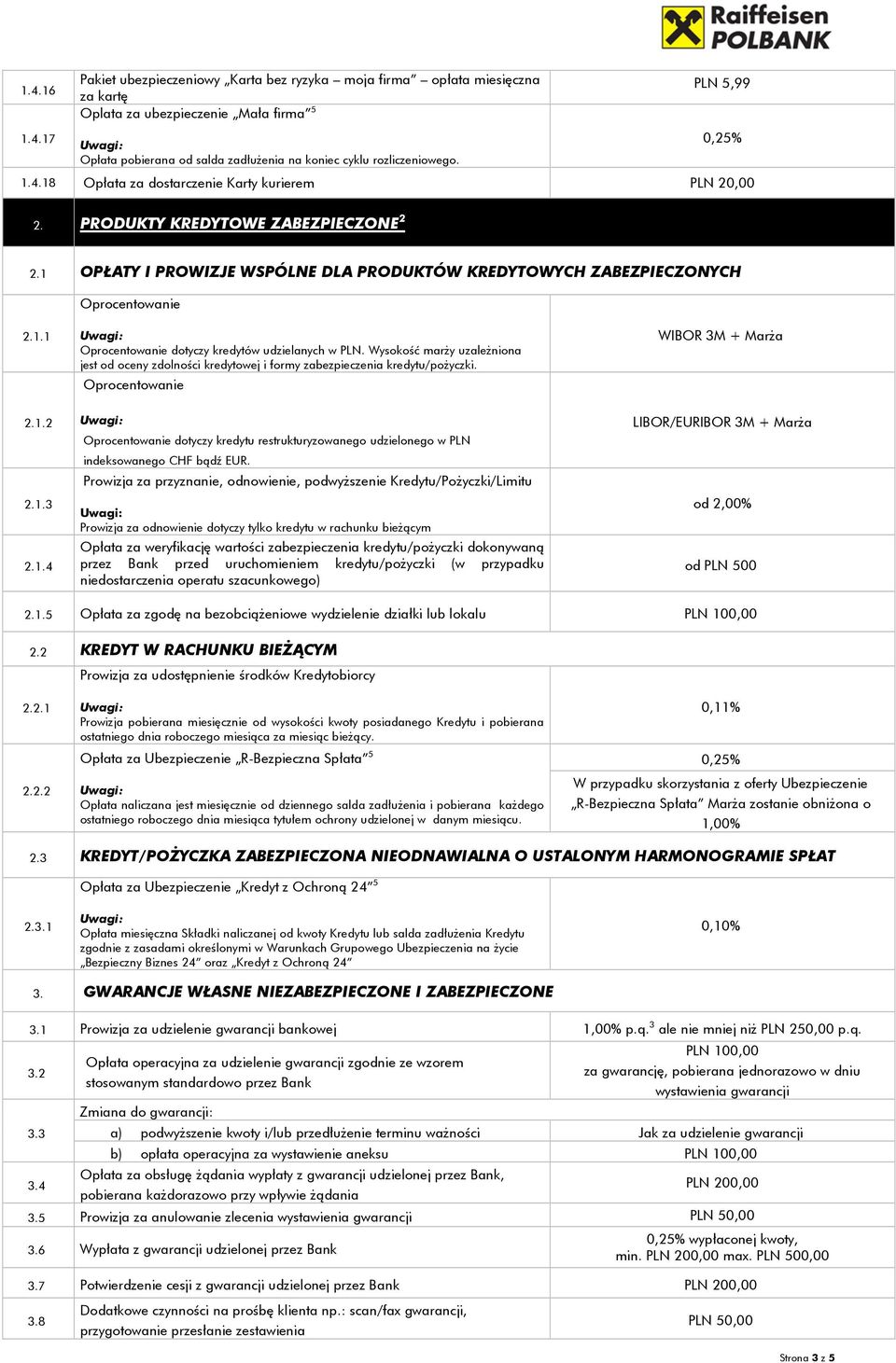 Wysokość marży uzależniona jest od oceny zdolności kredytowej i formy zabezpieczenia kredytu/pożyczki. WIBOR 3M + Marża 2.1.