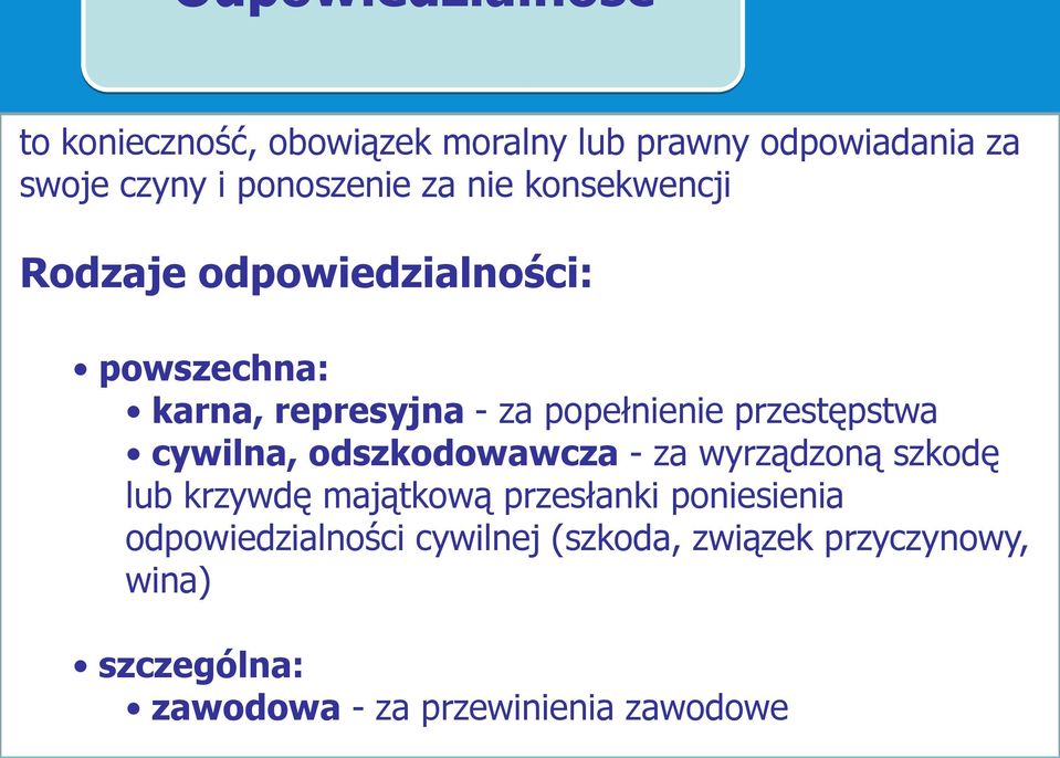 przestępstwa cywilna, odszkodowawcza - za wyrządzoną szkodę lub krzywdę majątkową przesłanki