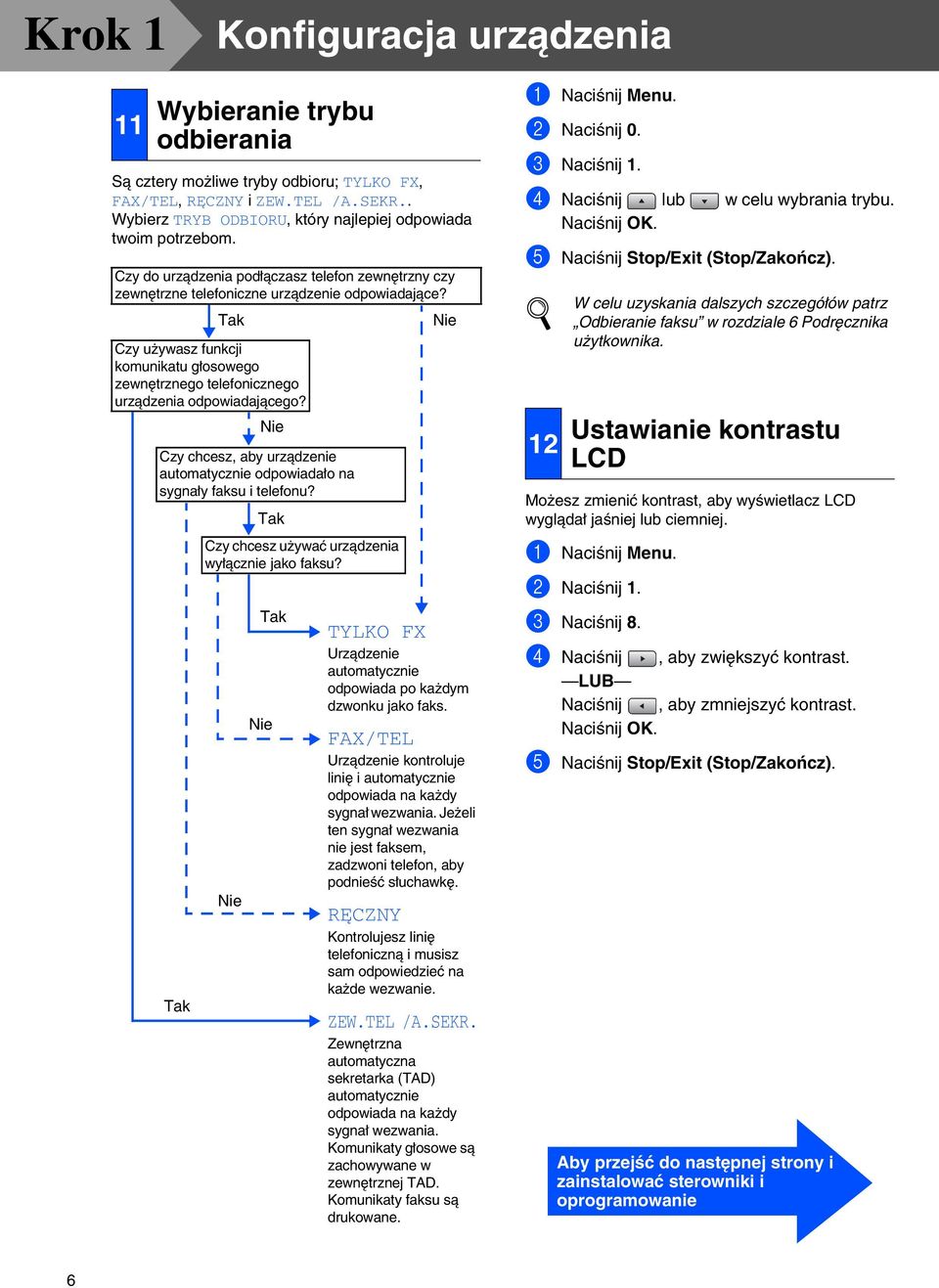 Czy używasz funkcji komunikatu głosowego zewnętrznego telefonicznego urządzenia odpowiadającego? Nie Czy chcesz, aby urządzenie automatycznie odpowiadało na sygnały faksu i telefonu?