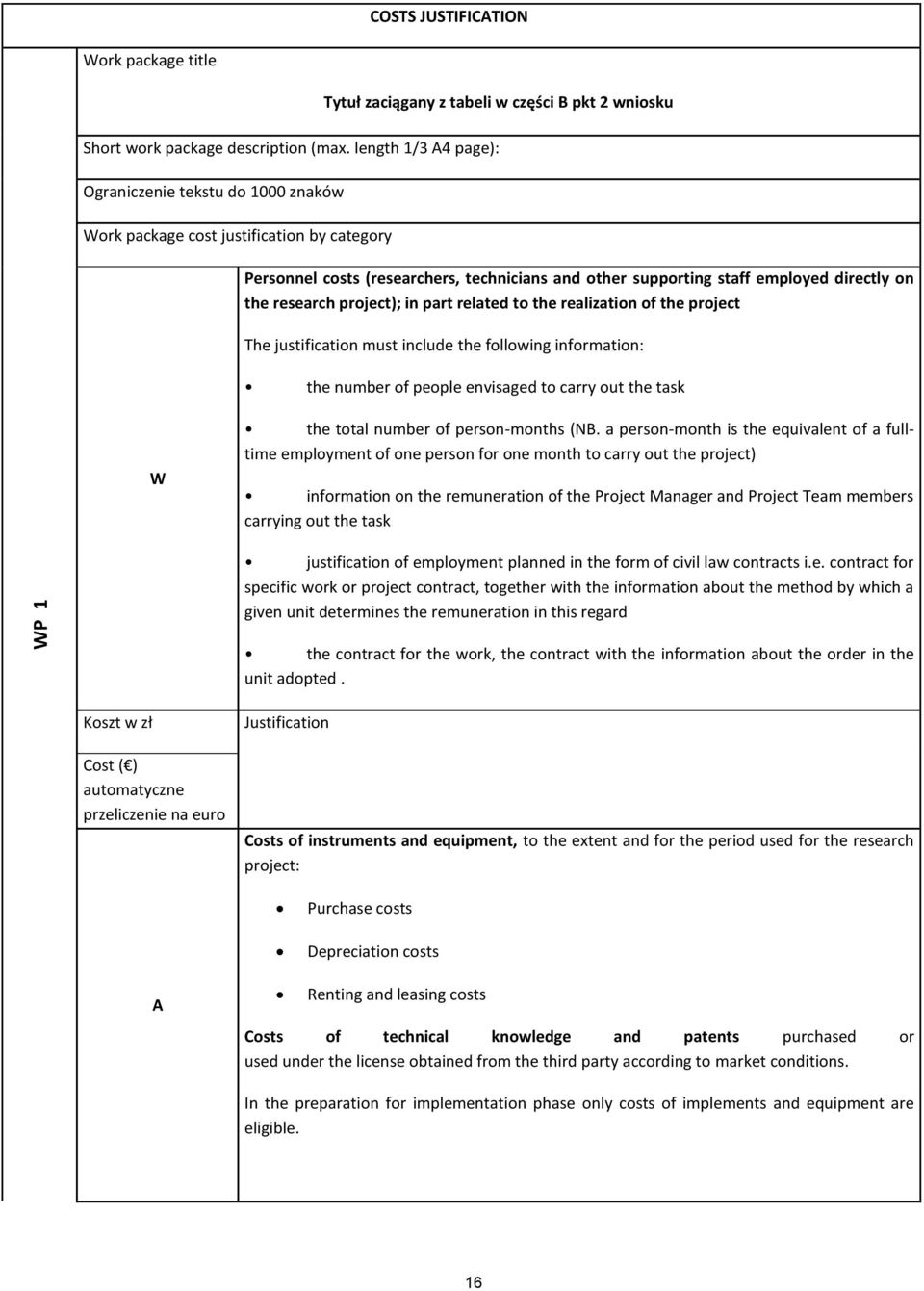 research project); in part related to the realization of the project The justification must include the following information: the number of people envisaged to carry out the task W the total number