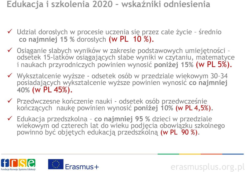 Wykształcenie wyższe - odsetek osób w przedziale wiekowym 30 34 posiadających wykształcenie wyższe powinien wynosić co najmniej 40% (w PL 45%).