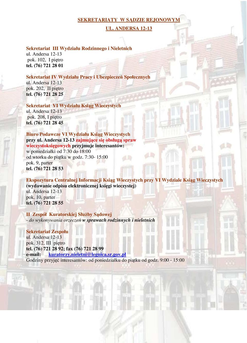 (76) 721 28 45 Biuro Podawcze VI Wydziału Ksiąg Wieczystych przy ul.