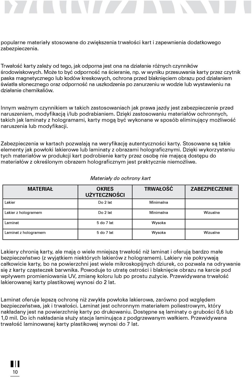 w wyniku przesuwania karty przez czytnik paska magnetycznego lub kodów kreskowych, ochrona przed blaknięciem obrazu pod działaniem światła słonecznego oraz odporność na uszkodzenia po zanurzeniu w
